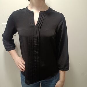 Lands' End Black Pleated V-Notch Blouse
